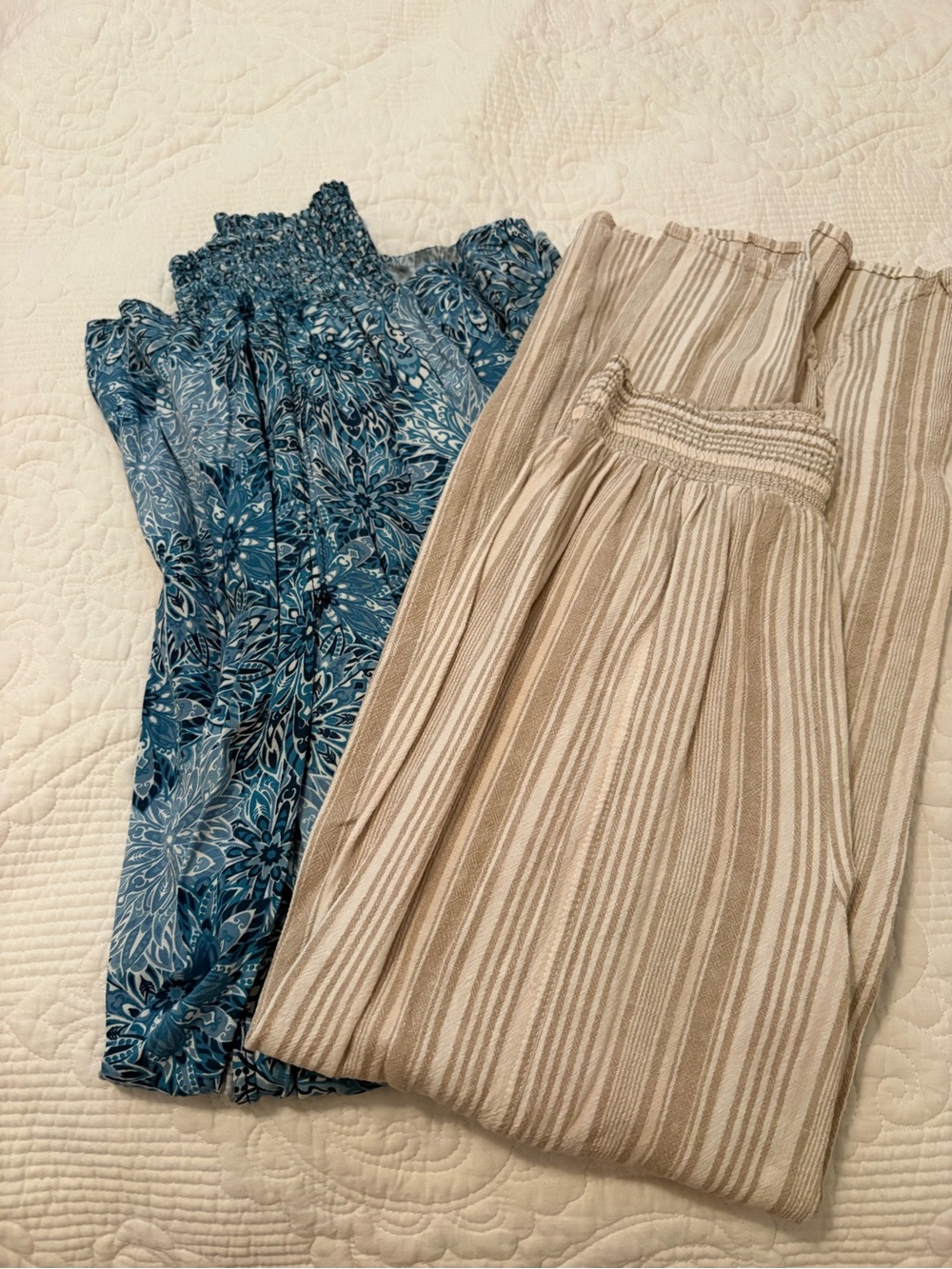 Women’s Smocked Waist Pants — Blue Floral & Beige Stripe